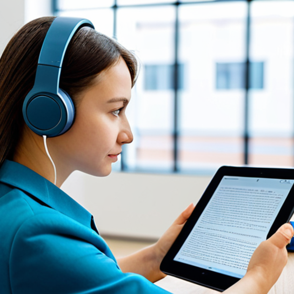 A focused young adult, fully clothed in modest business casual attire, diligently practices Russian pronunciation using a tablet and headphones. They are seated at a clean, modern desk in a well-lit co-working space or university library, with blurred contemporary architecture and subtle bookshelves in the background. The tablet screen subtly displays a language learning interface with Cyrillic script and a waveform. The subject's expression is one of concentrated determination, with natural pose and well-formed hands holding the device. Perfect anatomy, correct proportions, professional photography, high-resolution, sharp focus on the subject. Safe for work, appropriate content, family-friendly.
