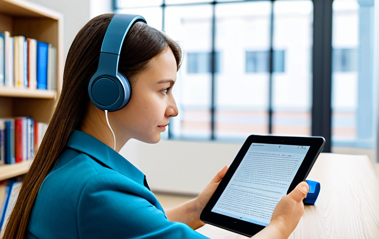 A focused young adult, fully clothed in modest business casual attire, diligently practices Russian pronunciation using a tablet and headphones. They are seated at a clean, modern desk in a well-lit co-working space or university library, with blurred contemporary architecture and subtle bookshelves in the background. The tablet screen subtly displays a language learning interface with Cyrillic script and a waveform. The subject's expression is one of concentrated determination, with natural pose and well-formed hands holding the device. Perfect anatomy, correct proportions, professional photography, high-resolution, sharp focus on the subject. Safe for work, appropriate content, family-friendly.