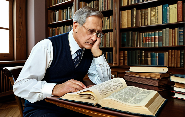 러시아어 철자 개혁 - **
"A linguist, fully clothed in professional attire, thoughtfully examining an old Russian book. B...