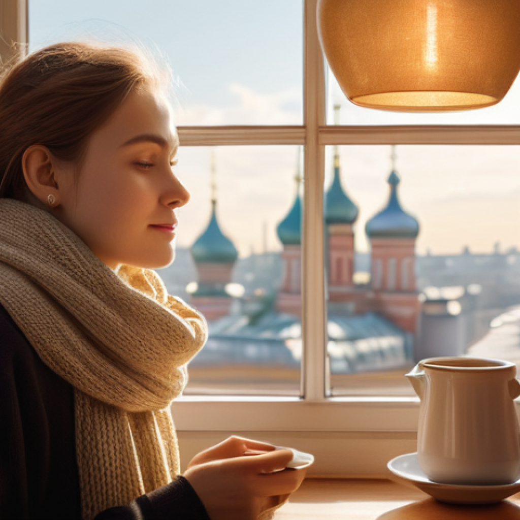 러시아어와 러시아 라디오 방송 - The Melodious Gateway: A quiet, serene scene depicting a person (e.g., a young woman with a warm, kn...