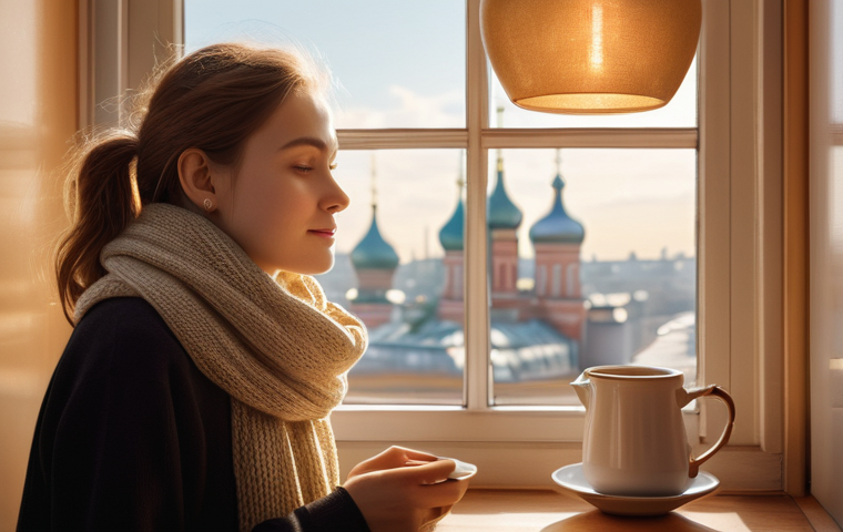 러시아어와 러시아 라디오 방송 - The Melodious Gateway: A quiet, serene scene depicting a person (e.g., a young woman with a warm, kn...