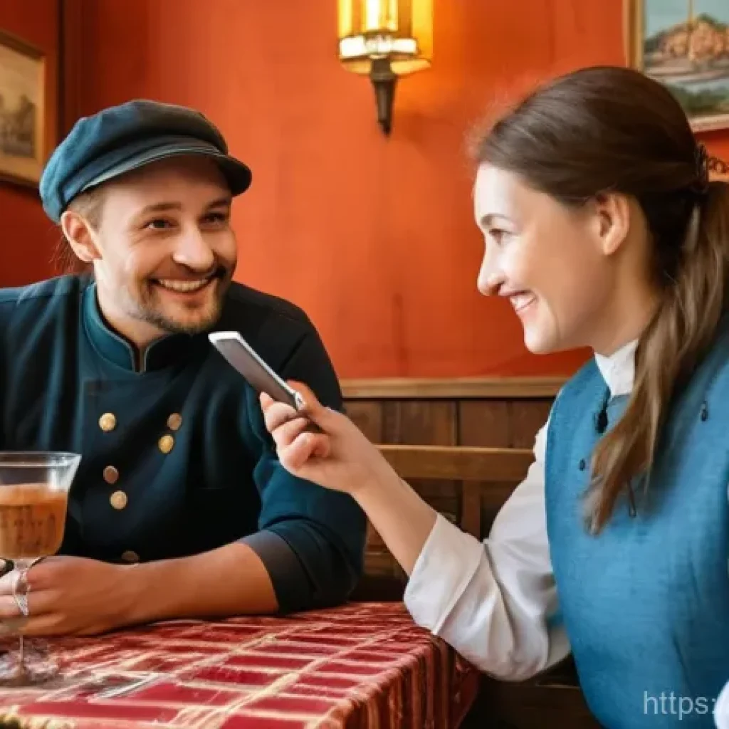 러시아어 자동 번역 기술 - **Prompt:** A cozy, warmly lit, traditional Russian restaurant. A friendly, middle-aged Russian wait...