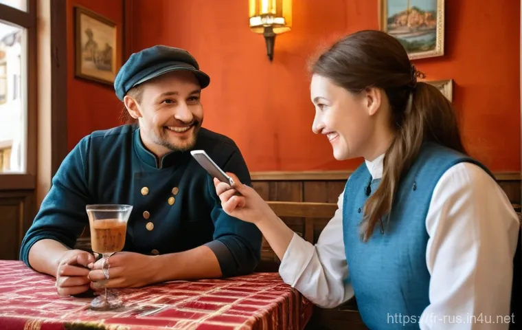 러시아어 자동 번역 기술 - **Prompt:** A cozy, warmly lit, traditional Russian restaurant. A friendly, middle-aged Russian wait...