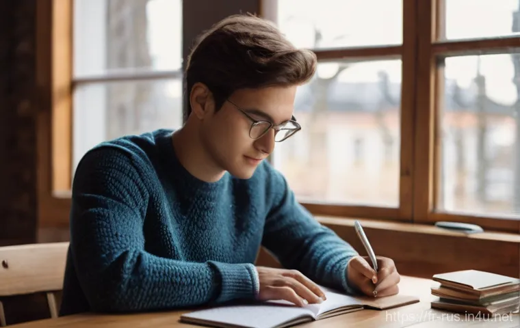 러시아어 문법 쉽게 배우기 - **Prompt:** A young adult, male or female, in their mid-twenties, sits comfortably at a warm wooden ...