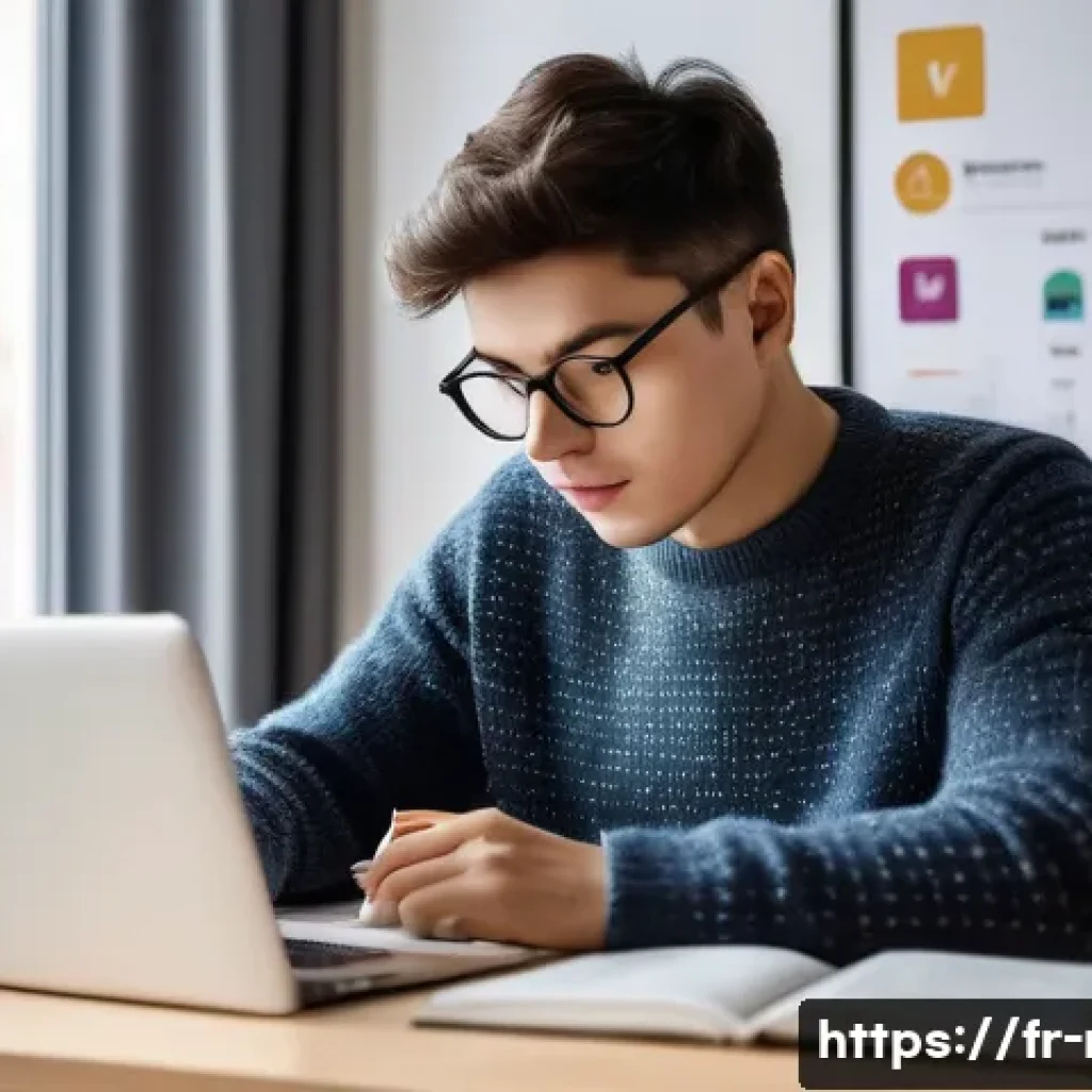 러시아어 학습 유튜브 채널 - A cozy modern study room with a French-speaking adult beginner watching short animated Russian langu...