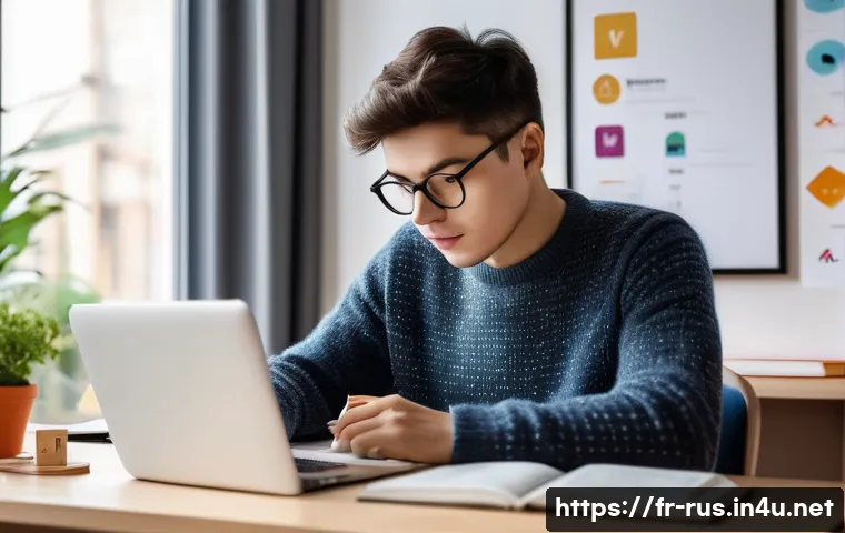 러시아어 학습 유튜브 채널 - A cozy modern study room with a French-speaking adult beginner watching short animated Russian langu...