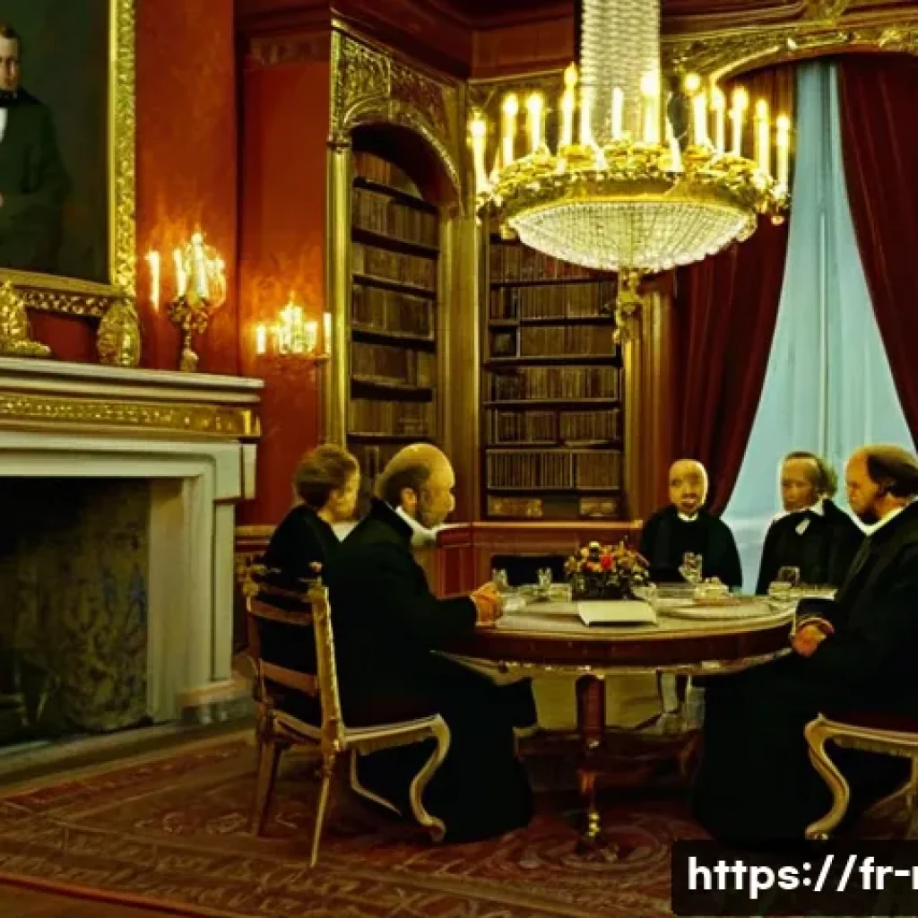 러시아어와 러시아 예술 - A richly detailed scene of a 19th-century Russian literary salon, featuring elegantly dressed men an...