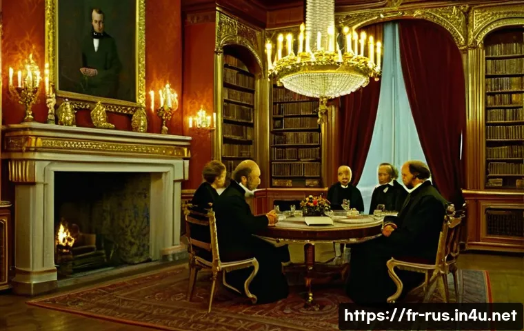 러시아어와 러시아 예술 - A richly detailed scene of a 19th-century Russian literary salon, featuring elegantly dressed men an...