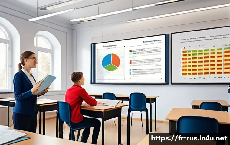 러시아어 격변화 - A detailed classroom scene illustrating the concept of Russian grammatical cases for French-speaking...