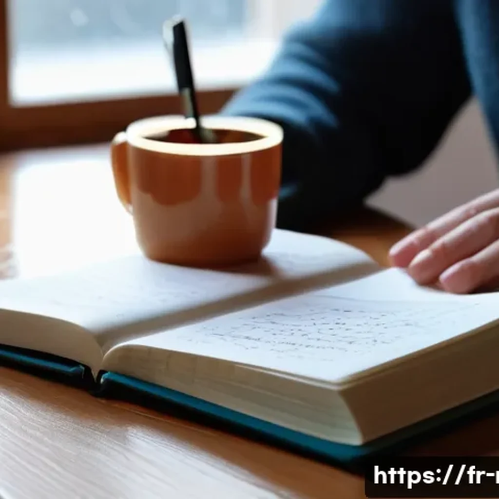 러시아어 쓰기 연습법 - A cozy study scene featuring a French learner sitting at a wooden desk with a notebook open, careful...