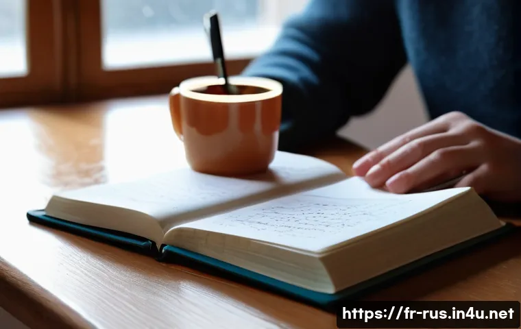 러시아어 쓰기 연습법 - A cozy study scene featuring a French learner sitting at a wooden desk with a notebook open, careful...
