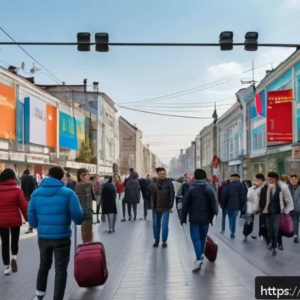 러시아어 공용어 국가 - A vibrant urban street scene in a Eurasian city like Almaty or Minsk, showcasing a diverse crowd of ...