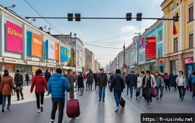 러시아어 공용어 국가 - A vibrant urban street scene in a Eurasian city like Almaty or Minsk, showcasing a diverse crowd of ...