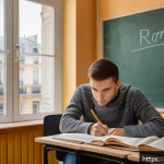 Home 22 러시아어 형용사 변화 - A detailed classroom scene showing a French-speaking student attentively studying Russian grammar. T...