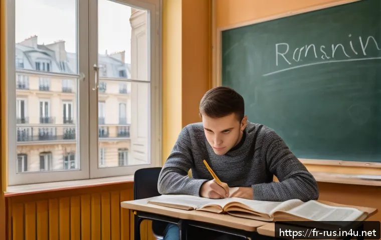 러시아어 형용사 변화 - A detailed classroom scene showing a French-speaking student attentively studying Russian grammar. T...