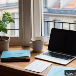 Home 21 러시아어와 러시아 교육 - A cozy study corner in a modern Parisian apartment, featuring a young adult learner sitting at a woo...