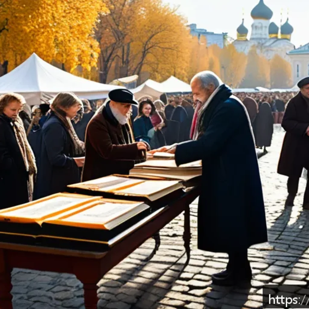 러시아어 사용 인구 - A grand Russian literary festival scene set in a historic European city square during autumn, featur...