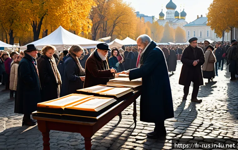 러시아어 사용 인구 - A grand Russian literary festival scene set in a historic European city square during autumn, featur...