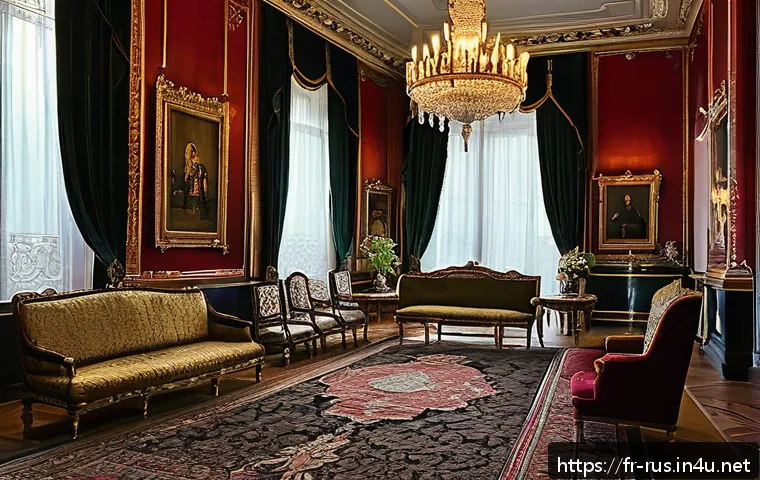 러시아어 고전 문학 - A detailed, atmospheric scene of a 19th-century Russian noble family’s grand drawing room, richly de...