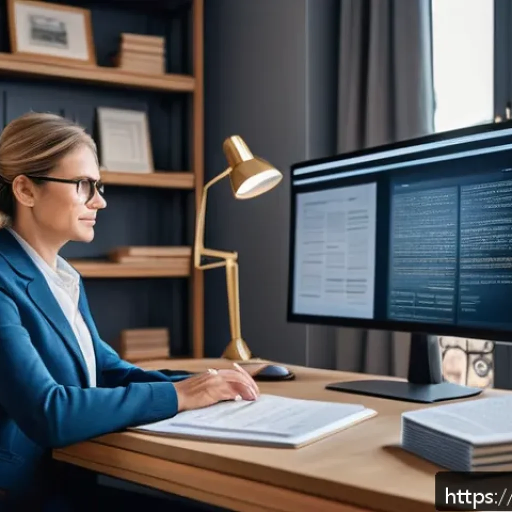 러시아어 번역 기술 - A modern workspace scene showcasing a professional translator at work: a middle-aged French woman si...
