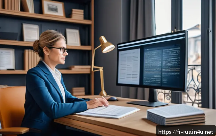 러시아어 번역 기술 - A modern workspace scene showcasing a professional translator at work: a middle-aged French woman si...