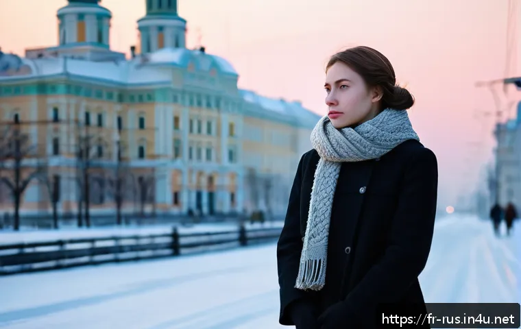 러시아어 문학 작품 - A contemplative young Russian woman standing at the edge of a snowy Moscow street at dusk, wearing a...