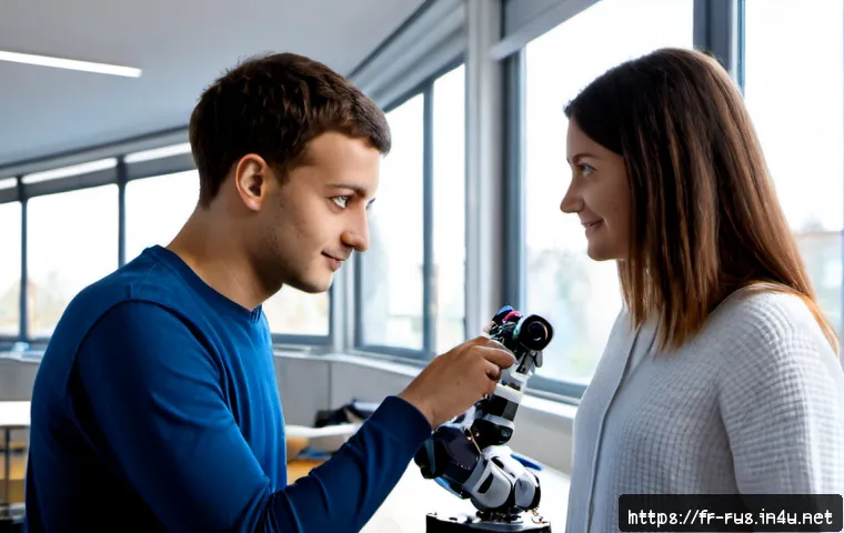 러시아어와 러시아 로봇 공학 - Photorealistic modern robotics laboratory in France, a French engineering student and a Russian-spea...