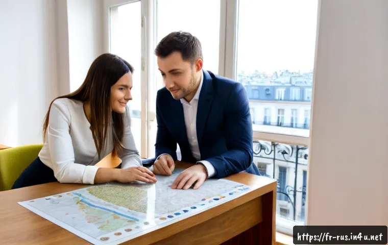러시아어와 러시아 부동산 용어 - Photorealistic real-estate consultation in a bright Paris apartment office, a French-speaking couple...