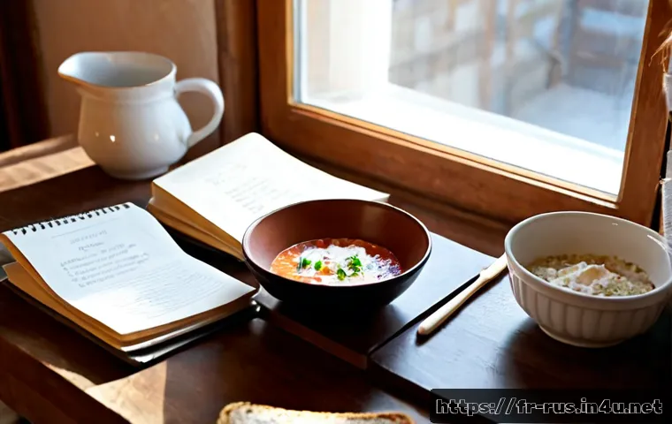 Home 17 러시아어와 러시아 요리 - Photorealistic French home kitchen scene combining Russian language learning and Russian cuisine: an...